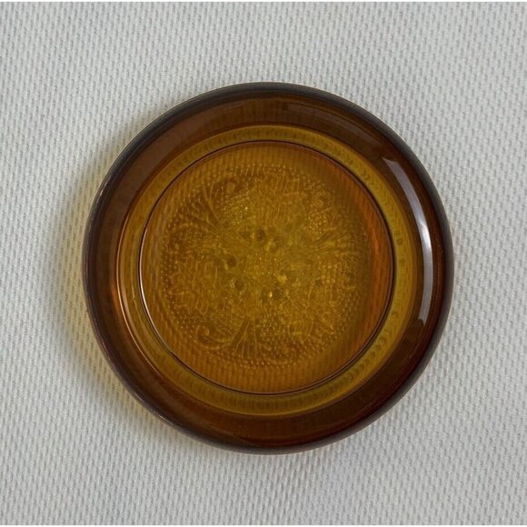 Vintage Amber Tiara Indiana Glass Sandwich Coaster Trinket Dish Embossed Floral - Picture 2 of 7